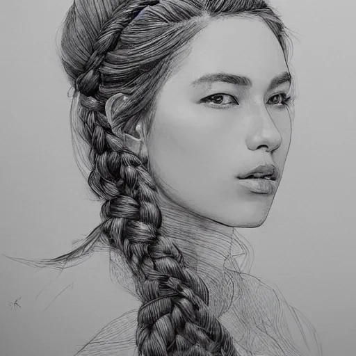 Prompt: a stunning masterful portrait of a confident woman with braided hair by kim jung gi, natural light, ink drawing, ethereal, strong brushwork