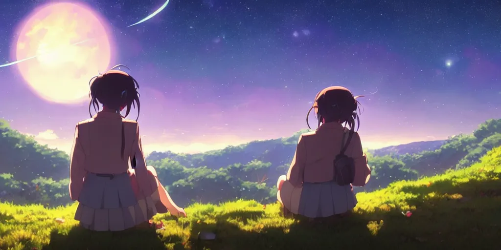 Image similar to a schoolgirl girl sat on the hillside and looked at the stars in the night sky, spectacular milky way, shining meteor, official media, anime key visual, detailed, artwork by makoto shinkai. - h 5 7 6