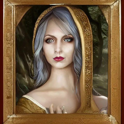 Prompt: perfect painting of an elven woman dressed in white and gold