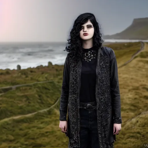 Image similar to 1 7 - year - old pale - skinned persian girl with black long bob cut, long hair, black gothic jacket, blue jeans, psychic girl, psychokinetic girl, standing on cliff along the irish coast, overcast gray skies, ultra - realistic, sharp details, subsurface scattering, intricate details, cold lighting, highly detailed, photorealistic, octane render, 8 k unreal engine