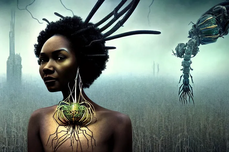 Image similar to realistic detailed closeup portrait movie shot of a beautiful black woman riding a giant spider, dystopian city landscape background by denis villeneuve, amano, yves tanguy, alphonse mucha, max ernst, ernst haeckel, edward robert hughes, roger dean, cyber necklace, rich moody colours, sci fi patterns, wide angle