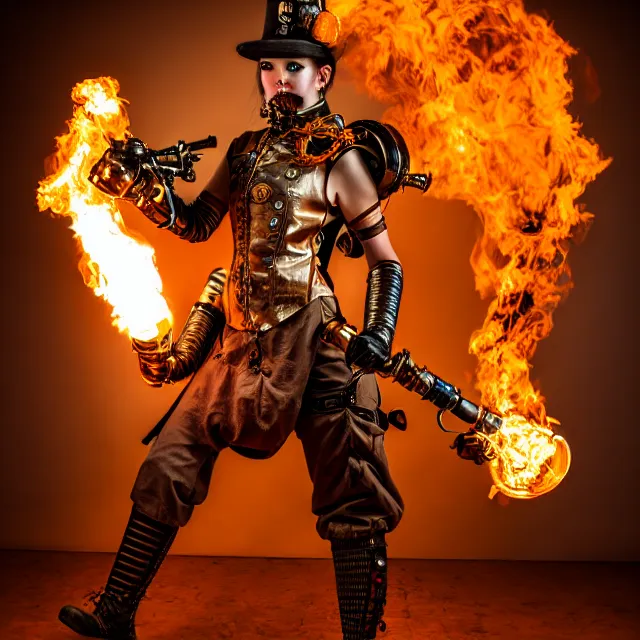 Image similar to full length photo of a steampunk warrior with a flamethrower, 8 k, hdr, smooth, sharp focus, high resolution, award - winning photo