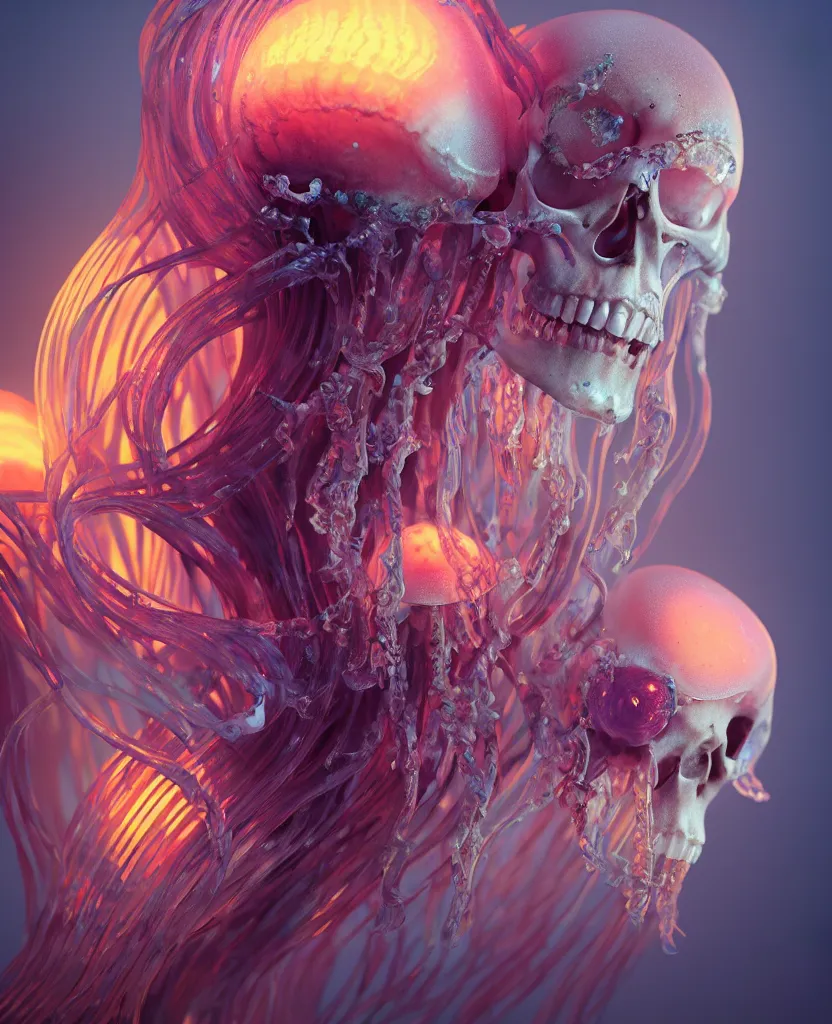 Image similar to goddess close - up portrait human skeleton, ram skull, jellyfish, orchid, betta fish, bioluminiscent, intricate artwork by tooth wu and wlop and beeple. octane render, trending on artstation, greg rutkowski very coherent symmetrical artwork. cinematic, hyper realism, high detail, octane render, 8 k