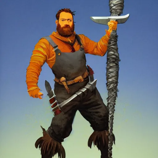 Image similar to hardwon surefoot, hirsute epic level dnd human fighter, wielding a magical sword, wearing magical overalls. thick quads. full character concept art, realistic, high detail digital gouache painting by angus mcbride and michael whelan.