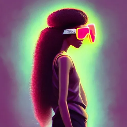 Image similar to zendaya wearing opaque reflective goggles profile picture by Greg Rutkowski, brown skin, very long afro hair, asymmetrical, futuristic, neon volumetric lights, cool colors, streetwear, studio ghibli, Organic Painting , Matte Painting, geometric shapes, hard edges, street art, trending on the artstation, fantasy LUT, realistic by Sachin Teng + Martin Grip + Moebius, techwear, Industrial Scifi, detailed illustration, character portrait,