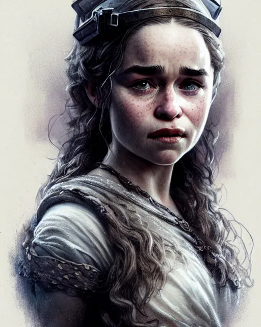 Image similar to emilia clarke teenage, character portrait, portrait, close up, concept art, intricate details, highly detailed by greg rutkowski, michael whelan and gustave dore