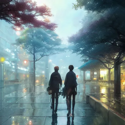 Prompt: evening tokyo walk in tachikawa. volumetric lighting, spring early morning, dew, nice weather, realistic illustration, perfectly shaded, soft painting, art by krenz cushart and wenjun lin