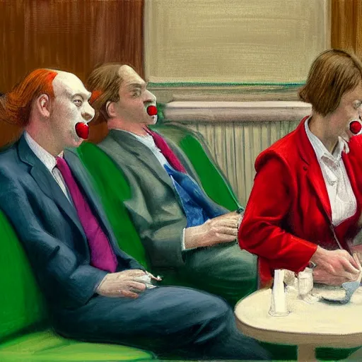 Image similar to a highly detailed beautiful portrait close up hyper realistic painting of british members of parliament in the house of commons wearing pastel coloured clown costumes with pleasant oversized joyful faces, they are smoking. in the style of edward hopper, richard hamilton. concept art. green leather benches. photographic. concept. crisp digital art. no artefacts. desaturated. high fidelity facial portrait. 8 k