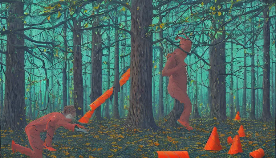 Image similar to safety cones scattered around an oak tree forest, man in bigfoot costume in the distance dancing, by james jean by ilya kuvshinov kintsugi, hyper detailed surrealist painting