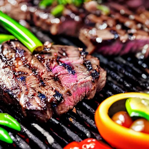 Prompt: Steak sizzling on a barbecue, closeup, ultra high detail