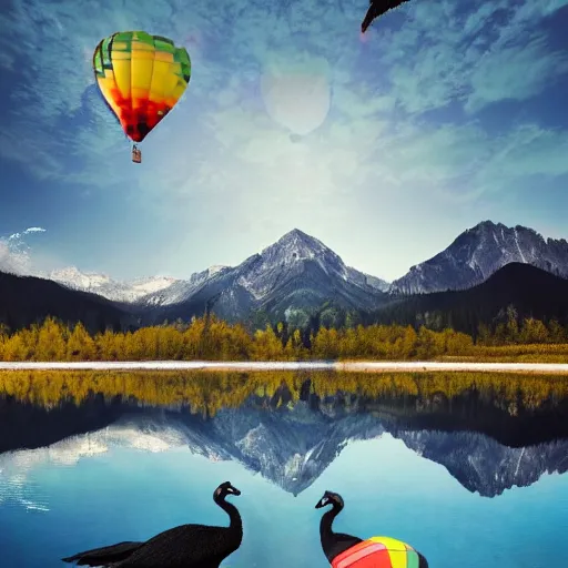 Image similar to photo of two black swans swimming in a beautiful reflective mountain lake, touching heads, forming a heart with their necks, a colorful hot air balloon is flying above the swans, hot air balloon, intricate, portrait, 8k highly professionally detailed, HDR, CGsociety, octane render, 4k