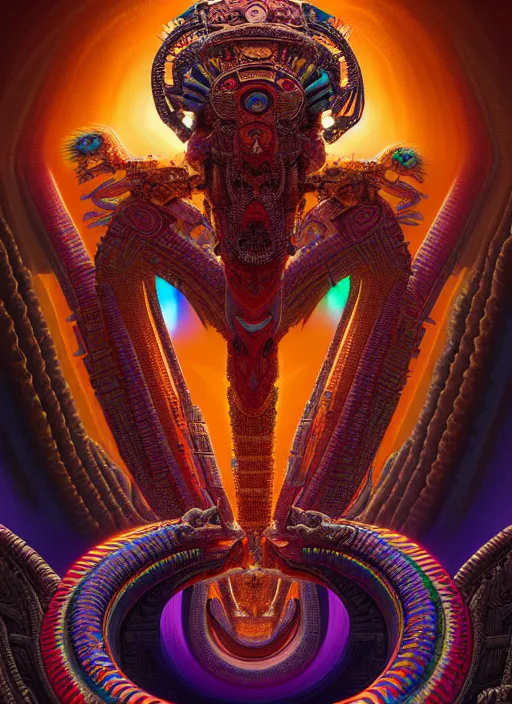 Image similar to hyper detailed ultra sharp 3 d render like a oil painting aztec serpent warrior princess, fractal plane, deep voyage, parallel existence, earthwave, colorful, neon, ornate, intricate, digital painting, concept art, smooth, sharp focus, illustration, art by artgerm and greg rutkowski and h. r. giger, 8 k