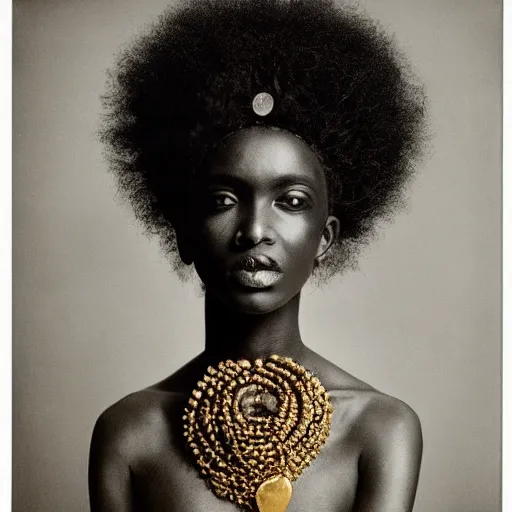 Image similar to portrait of an afro woman with gold clothings and jewelry photographed by irving penn