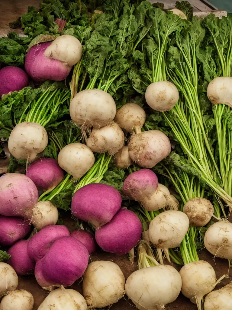 Prompt: a photorealistic turnips and rutabagas, farmer's market setting, vivid colors, soft lighting, atmospheric, cinematic, 8k