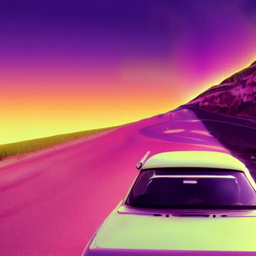 Prompt: ja car driving into the sunset, vaporwave, high resolution