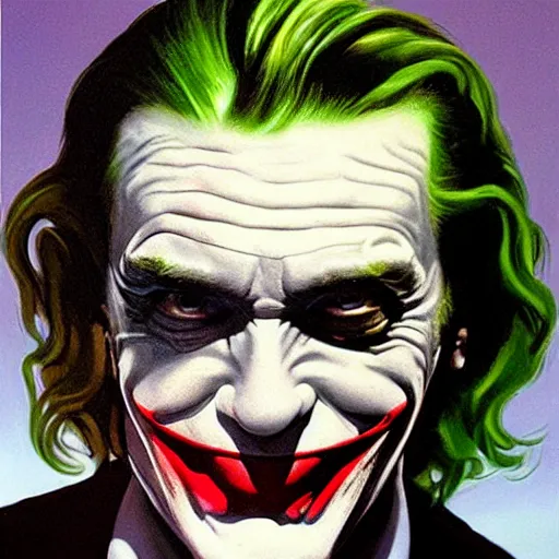 Prompt: peter o'toole as the joker, portrait, realistic, concept art, painting by alex ross