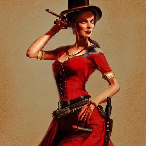 Image similar to a woman in a red wild west dress holding a shotgun, realistic painting by drew struzan, anatomically correct, beautiful, soft lighting, artstation