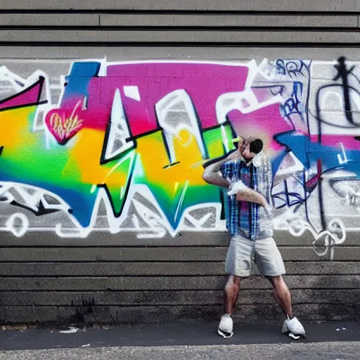 Prompt: photo of a man shocked with a graffiti saying