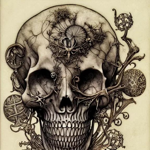 Image similar to memento mori by arthur rackham, art forms of nature by ernst haeckel, exquisitely detailed, art nouveau, gothic, ornately carved beautiful skull dominant, intricately carved antique bone, art nouveau botanicals, ornamental bone carvings, art forms of nature by ernst haeckel, horizontal symmetry, arthur rackham, ernst haeckel, symbolist, visionary