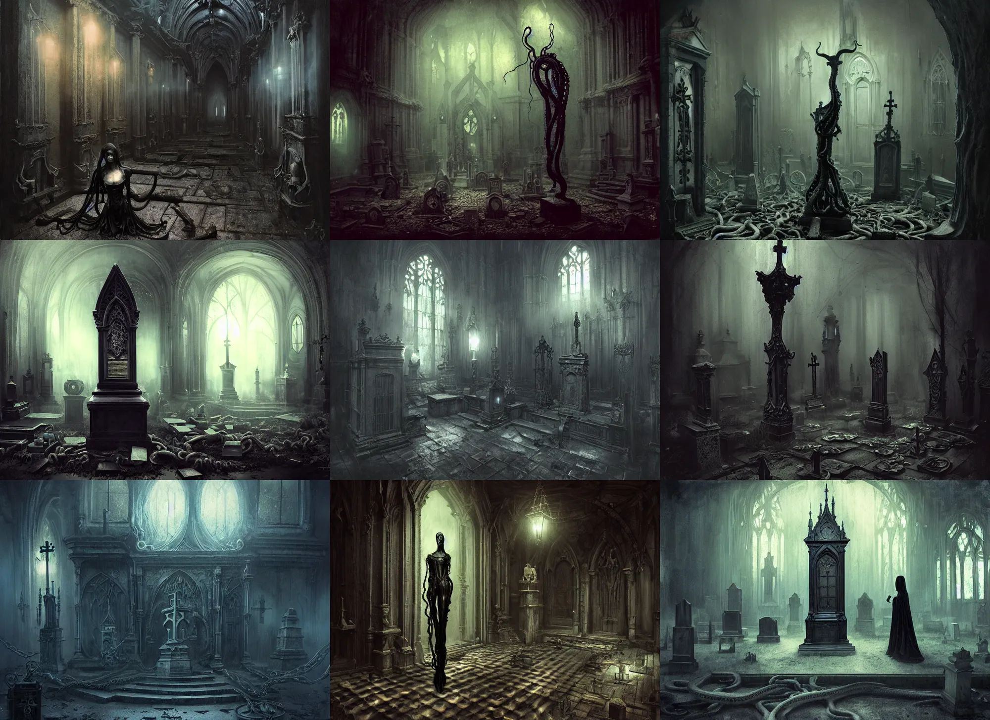 Prompt: gothic cemetery, wooden floor, statue, darkness, evil, creepy, science, 1 9 century, hard atmosphere, lovercraft, insmouth, tentacles, artwork, paint, blue tones, detailed, by bastien lecouffe deharme, by jeremy mann, by alexander fedosav