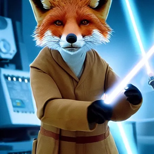 Prompt: a film still of a anthropomorphic fox wearing a lab coat in star wars realistic, detailed