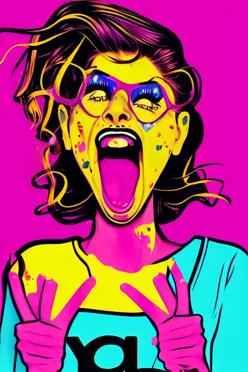 Image similar to girl screamin yolo - aesthetic, remove duplicated anatomy, 4 k, illustration, comical, acrylic paint style, pencil style, torn cosmo magazine style, pop art style, ultrarealism, by mike swiderek, jorge lacera, ben lo, tyler west