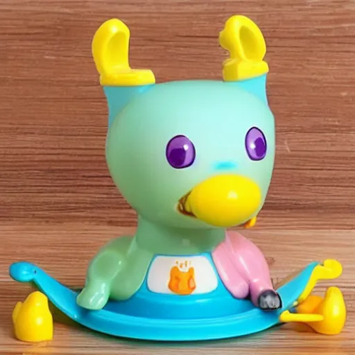 Image similar to some cute plastic toys that look like animal characters washing dishing in the kitchen, pastel colors