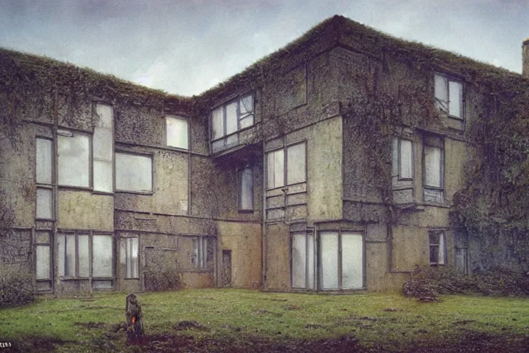 Image similar to cyberpunk, an estate agent listing photo, external view of a 5 bed countryside house in the UK, by Beksinski