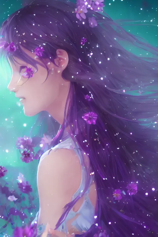 Prompt: 4k detailed portrait of a beautiful intimate woman with long purple cosmic hair and a beautiful flower dress covered in stars, by Ross Tran and Kuvshinov Ilya Anime, volumetric lighting, trending on artstation