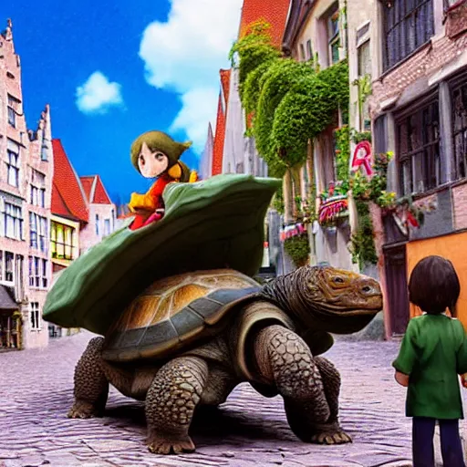 Prompt: Manga cover of a little girl riding on top of a giant tortoise through the streets of Bruges, 3d render diorama by Hayao Miyazaki, official Studio Ghibli still, color graflex macro photograph, Pixiv