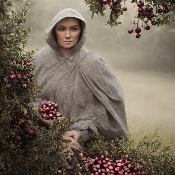 Prompt: a closeup portrait of a woman wearing a cloak made of tangled iridescent ribbon, picking pomegranates from a tree in an orchard, foggy, moody, photograph, by vincent desiderio, canon eos c 3 0 0, ƒ 1. 8, 3 5 mm, 8 k, medium - format print