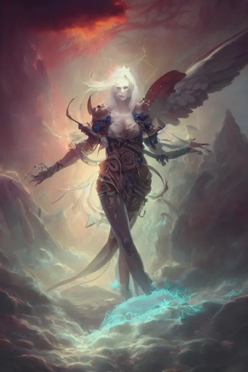 Image similar to beautiful girl necromancer full of sculls, wizard of the coast casting magic spell, angel, magic storm and thunder clouds, scifi, fantasy, magic the gathering, hyper detailed, octane render, concept art, 3 d render, hyper realistic detailed portrait, peter mohrbacher