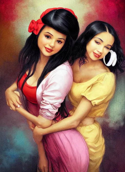 Prompt: beautiful thirty year old woman with long black hair, tan skin, curvy hourglass figure, round cute face, slight resemblance to selena gomez and vanessa hudgens wearing colorful modern clothes and a mickey mouse ears headband. birthday party. beautiful painting by artgerm and greg rutkowski lois van baarle and bouguereau