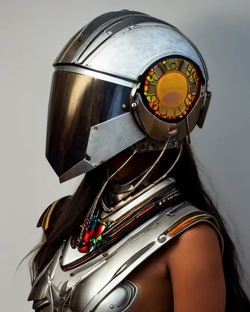 Prompt: centered medium shot fine studio photograph of a beautiful girl wearing only a mecha electronic native American indian helmet with bright led lights, ultra-realistic, white background, 8k HDR sunset lit, intricate