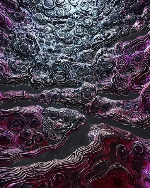 Image similar to huge organic metallic formation with fluid parts floating in the dark void hallucinating on psychedelics, creative VFX, no text, rendered with octane, hyper realistic, hyper detailed, surreal, futuristic, 8k