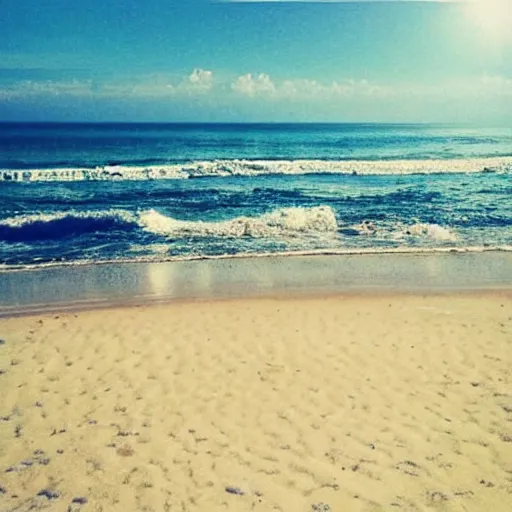 Image similar to “let the sun soak in the shimmering sand , the waves hurling to the sand . Its breathtaking beach scene.”