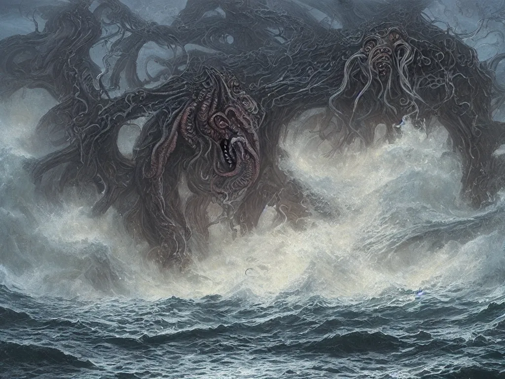 Prompt: A Spectacular View of Cthulhu Rising from a Stormy Sea, art by Donato Giancola and William Trost Richards and Marc Simonetti, Hyperrealism