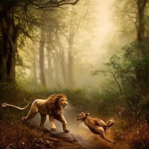 Image similar to an oil painting of lion chasing a deer in the forest, masterpiece, highly detailed, high quality, 4 k, anatomically correct, hyperrealistic, concept art, octane render, unreal engine 5, trending on artstation, trending on deviantart, matte, historical painting, fantasy style, path traced, high coherence, soft lighting, digital painting, mythical