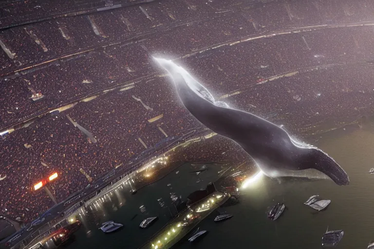 Image similar to a humpback whale flying over the NFL Super Bowl Stadium cinematic lighting by Jessica Rossier