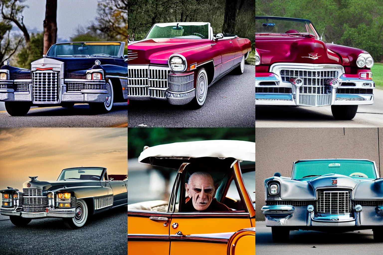 Prompt: color photo of old man dracula driving his vintage convertible cadillac, uhd, dslr photo