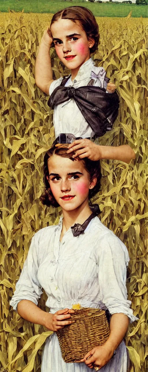 Image similar to photo photorealistic medium shot head and chest portrait photograph Emma Watson picnic in a corn field 1950s portrait by Norman Rockwell