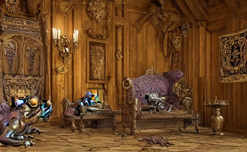Prompt: frogs at a medieval throne room, highly detailed, extremely high quality, hd, 4 k, 8 k, professional photographer, 4 0 mp, lifelike, top - rated, award winning, cinematic, realistic, detailed lighting, detailed shadows, sharp, no blur, edited, corrected, trending