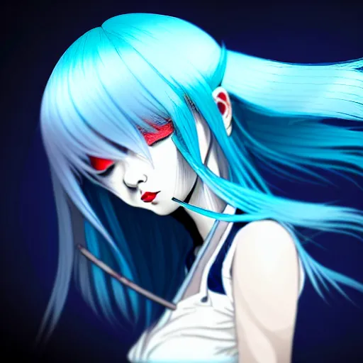 Image similar to low - angle shot from behind of a long light blue - haired girl in a blue tailcoat with a scabbard, combat boots, noir, screenshot, sharp focus, intricate, illustration, cell shaded, digital painting, highly detailed, straight hair, art by ilya kuvshinov, wlop, shutterstock, greg rutkowski, studio quality, james jean