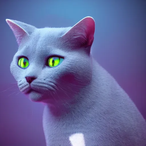 Image similar to a beatiful cute Russian blue cat floating in outer space, photorealistic, octane render, blender cycles engine, volumetric lighting, astrophotography, 4k ultra hd, HDR, detailed