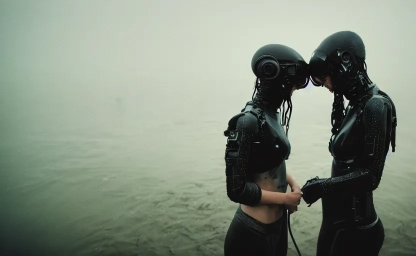 Prompt: cinestill 5 0 d candid photographic portrait by helen levitt of two loving female androids wearing rugged black mesh techwear in treacherous waters at night, extreme closeup, modern cyberpunk moody emotional cinematic, dust storm, 8 k, hd, high resolution, 3 5 mm, f / 3 2, ultra realistic faces, ex machina