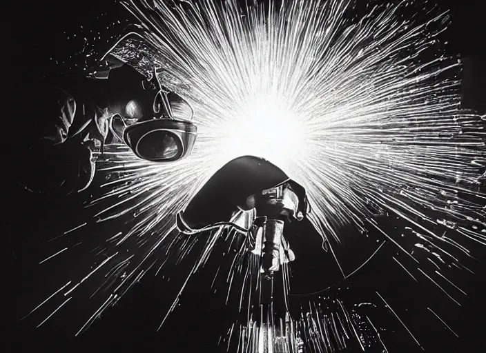 Prompt: welder in welding mask in the upside down, stranger things, by richard avedon, tri - x pan stock