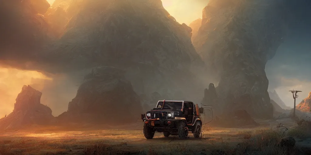 Image similar to Mahindra Thar, an epic fantasy, dramatic lighting, cinematic, establishing shot, extremely high detail, photorealistic, cinematic lighting, artstation, by simon stalenhag, horizon forbidden west