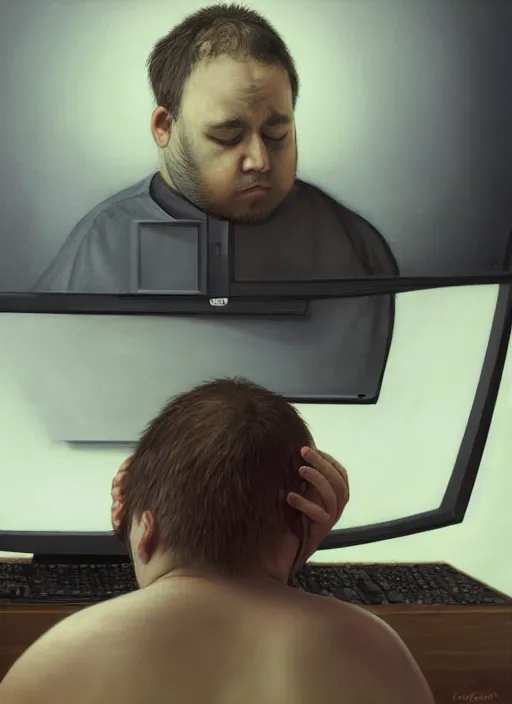 Prompt: insanely detailed chiaroscuro image of a exhausted - looking slightly ( ( ( overweight ) ) ) casually - dressed programmer guy on his knees facing his glowing ultrawide computer monitor monitor begging it for forgiveness, oil on canvas, masterwork, fine detail, trending on artstation, emotive, insanely compelling, ryden, koons, moebius