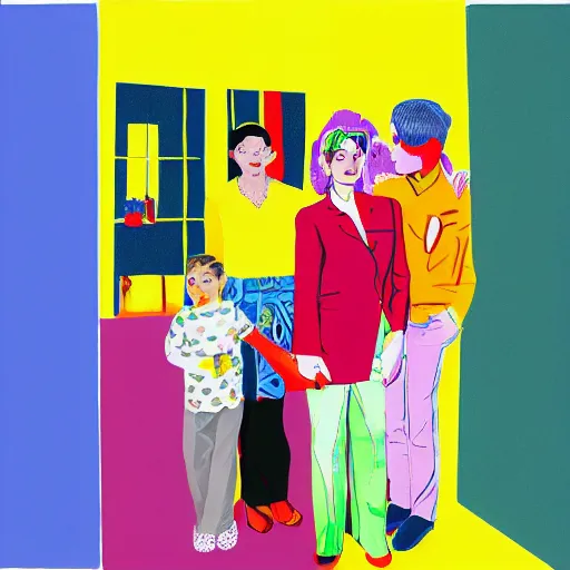 Prompt: A typical suburban family, who are hiding deep and dark secrets, Pop Art painting by David Hockney