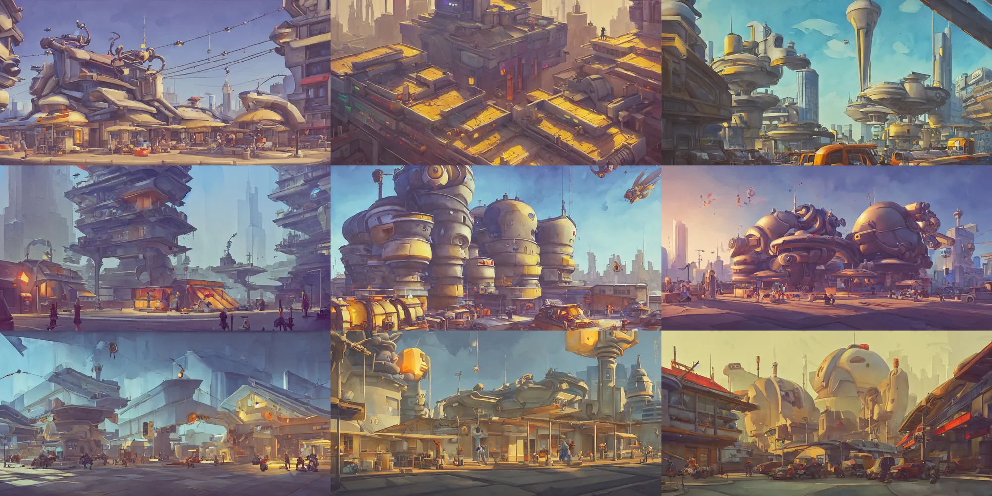 Prompt: overwatch building, stylized, exterior, architecture, in watercolor gouache detailed paintings, insanely detail, artstation, 8 k, futuristic, big medium small, arcane, simon stalenhag, food stall, interesting shapes & form, golden ratio, megastructures, vitaly bulgarov